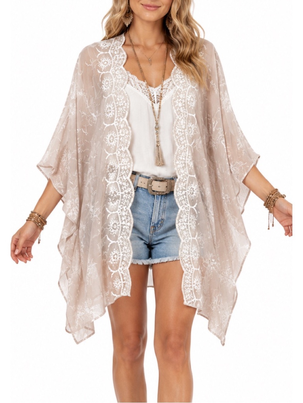Japna Tan White Floral Print with Embroidered Detail Open Front Kimono One Size